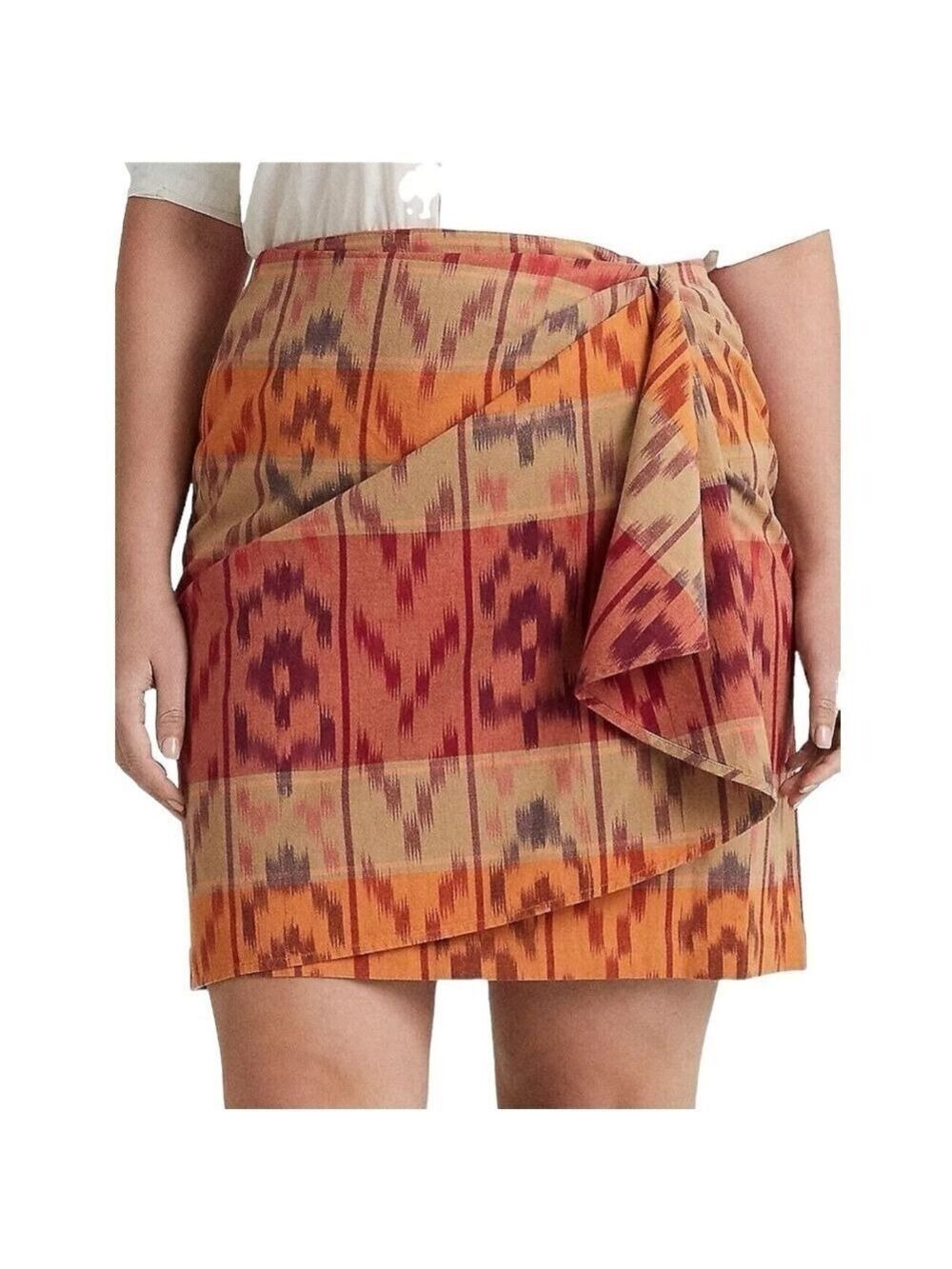 Lauren Ralph Lauren Geo-Motif Cotton-Linen Wrap Skirt brown orange Sz 12